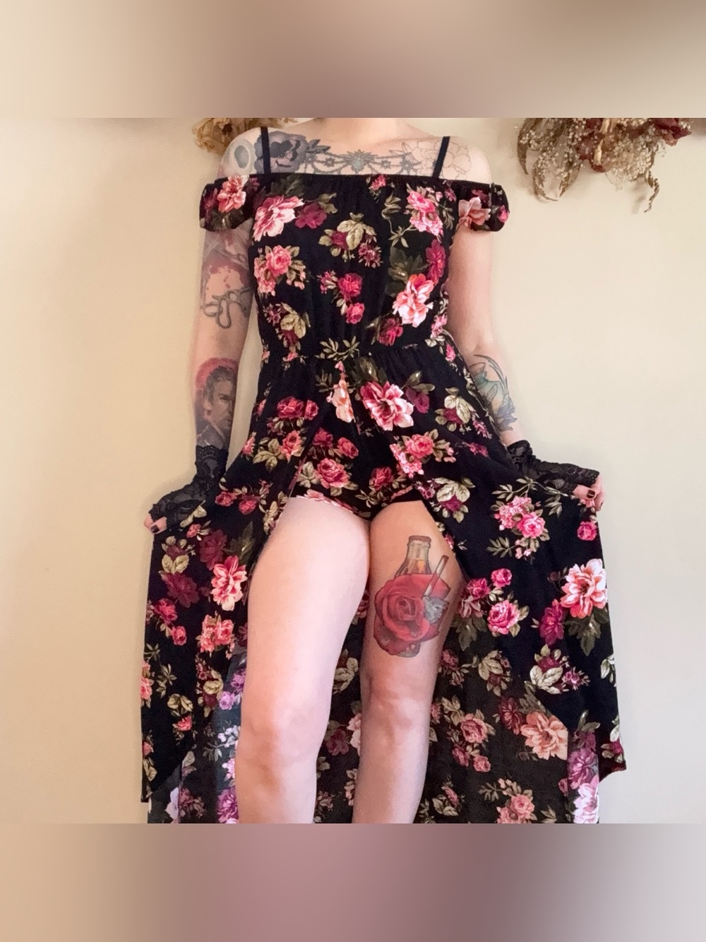 black & pink floral maxi dress romper 🖤🩷 | fairycore whimsigoth dark cottagecore
